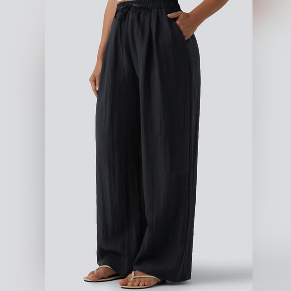 NWT Halara High Waisted Wide Leg Linen Feel Drawstring Pants Black XL Petite - Picture 2 of 14